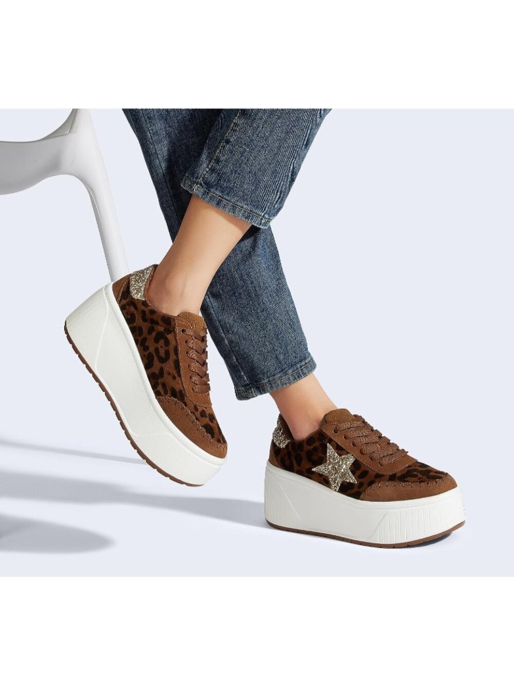 Women's Leopard Platform Chunky Fashion Star Glitter Sparkly Wedge Sneakers - Picture 2 of 6